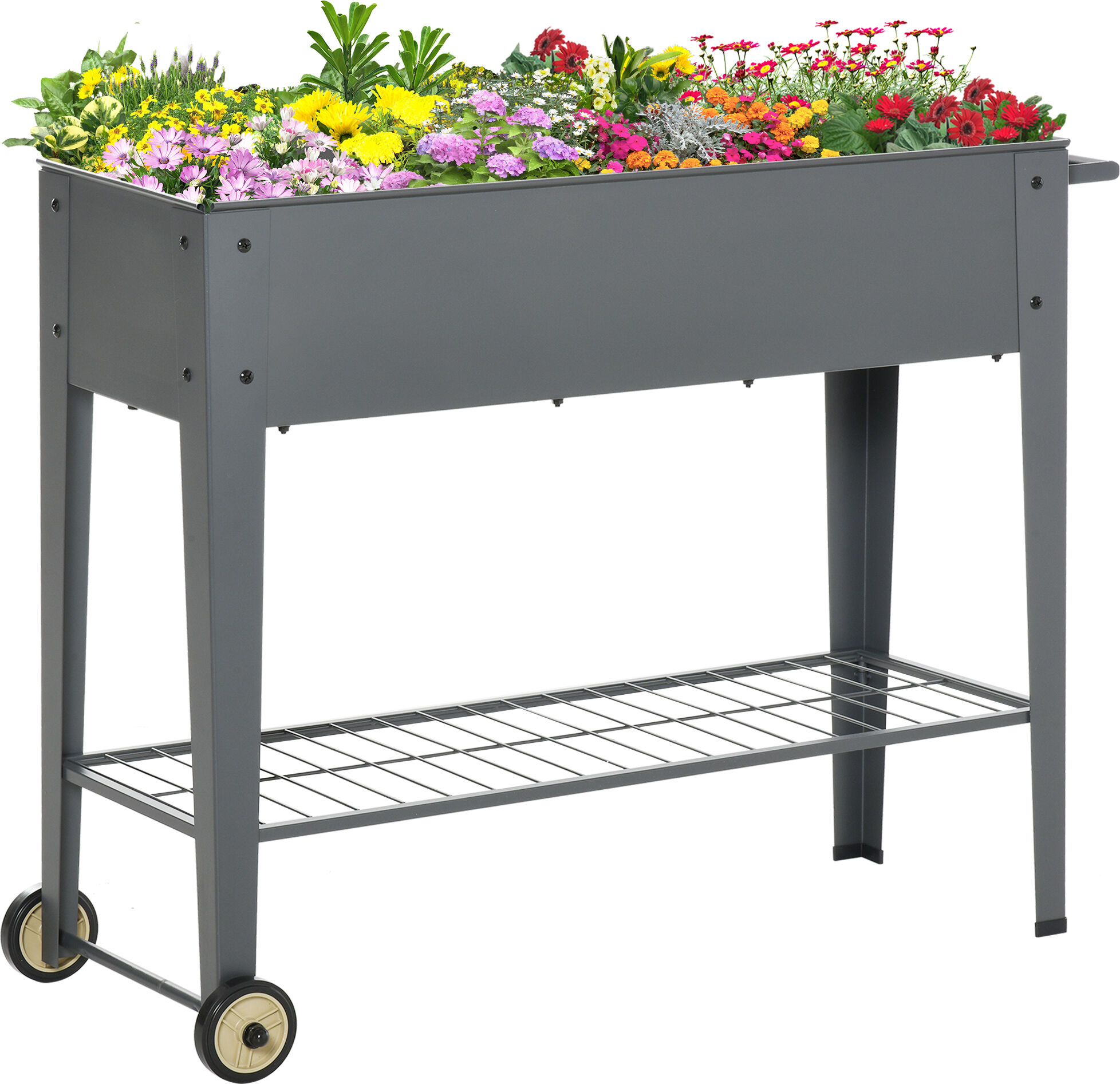 Outsunny 41" x 15" x 32" Elevated Outdoor Raised Garden Beds, Metal Planter Box with 2 Wheels, Bottom Shelf for Storing Tools & Water Drainage, Gray