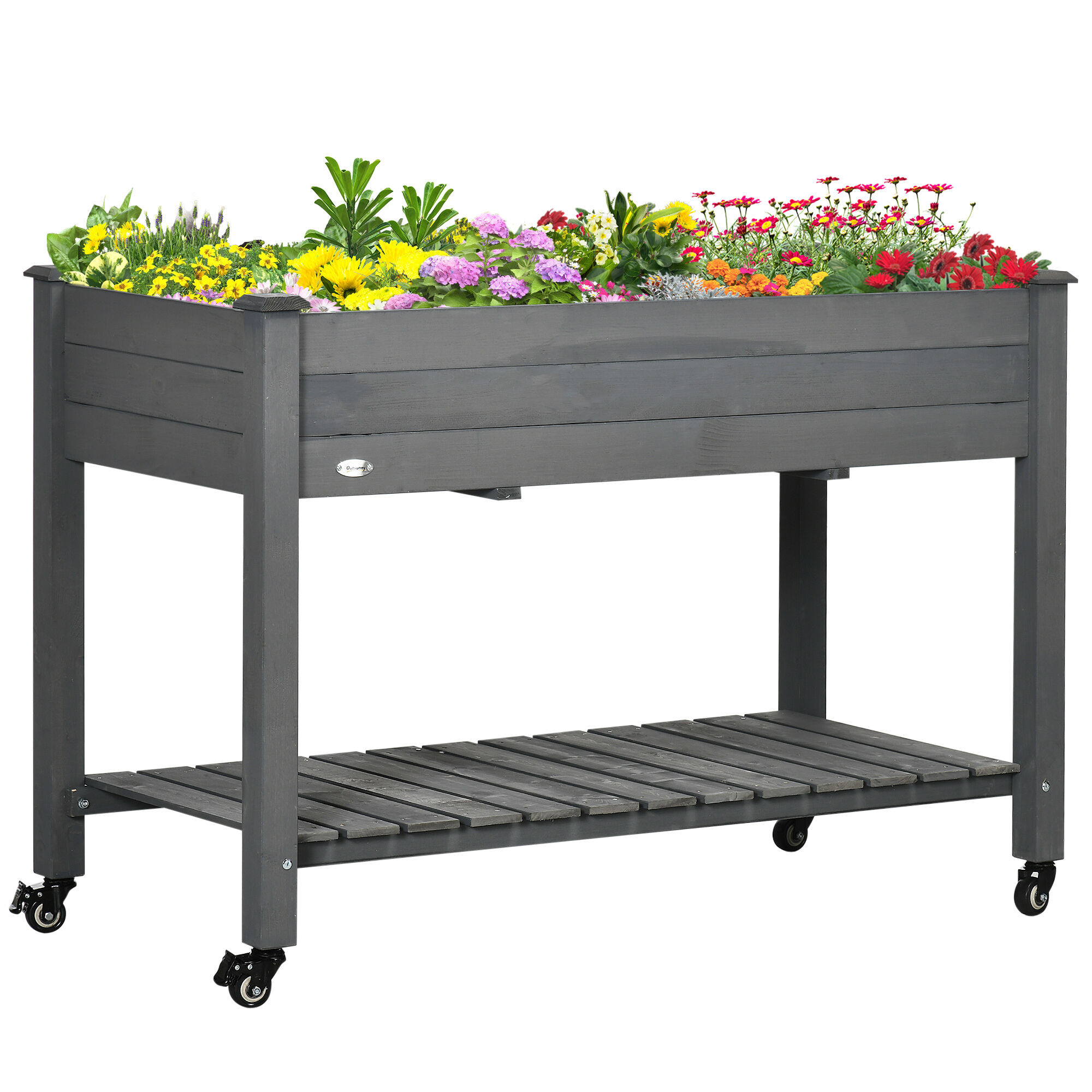 Outsunny 47" x 21" Raised Garden Bed Elevated Wooden Planter Box w/ Lockable Wheels, Storage Shelf for Backyard, Dark Gray