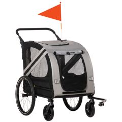 Aosom Pet Bike Trailer and Stroller 2-in-1 Grey with 4 Wheels Reflectors Safety Flag for Travel   Aosom.com