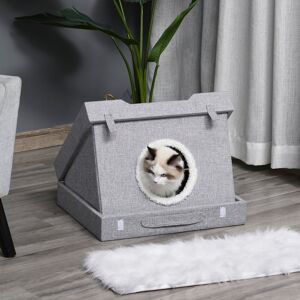 PawHut Foldable Wooden Cat House 2-in-1 Kitten Cave Condo Pet Bed with Removable Cushions Grey Suitcase Style   Aosom.com