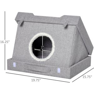 PawHut Foldable Wooden Cat House 2-in-1 Kitten Cave Condo Pet Bed with Removable Cushions Grey Suitcase Style   Aosom.com