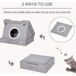 PawHut Foldable Wooden Cat House 2-in-1 Kitten Cave Condo Pet Bed with Removable Cushions Grey Suitcase Style   Aosom.com