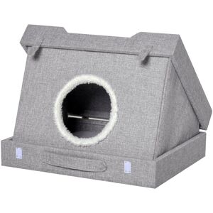 PawHut Foldable Wooden Cat House 2-in-1 Kitten Cave Condo Pet Bed with Removable Cushions Grey Suitcase Style   Aosom.com