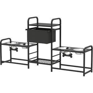 PawHut 3 Height Adjustable Dog Bowl Stand with 2 Feeding Stations, Toy Bin Basket, Black PawHut 3 Height Adjustable Dog Bowl Stand with 2 Feeding Stations, Toy Bin Basket, Black