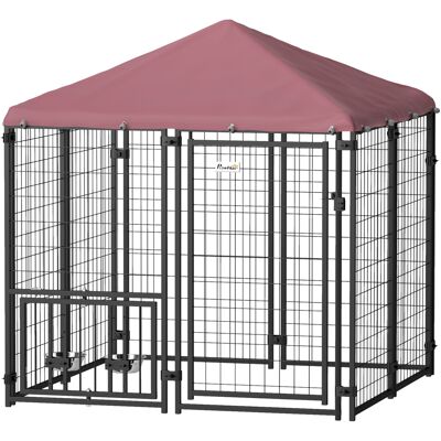 PawHut Welded Wire Outdoor Dog Kennel with 360° Rotating & 4 Levels Adjustable Bowls, Waterproof Cover, 4.6' x 4.6' x 5' PawHut Welded Wire Outdoor Dog Kennel with 360° Rotating & 4 Levels Adjustable Bowls, Waterproof Cover, 4.6' x 4.6' x 5'