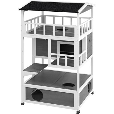 PawHut Wooden Outdoor Cat House with Asphalt Roof, Escape Doors, Condo, Jumping Platform, Light Gray PawHut Wooden Outdoor Cat House with Asphalt Roof, Escape Doors, Condo, Jumping Platform, Light Gray