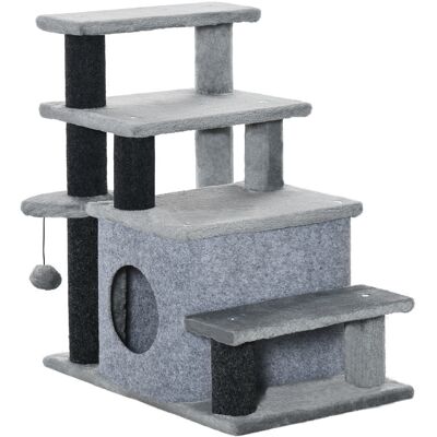 PawHut Adjustable Height 3 Step/4 Step Cat Stairs with Cat Scratching Post, Cat Condo, Toy Ball, for Bed, Sofa, Couch, Gray PawHut Adjustable Height 3 Step/4 Step Cat Stairs with Cat Scratching Post, Cat Condo, Toy Ball, for Bed, Sofa, Couch, Gray