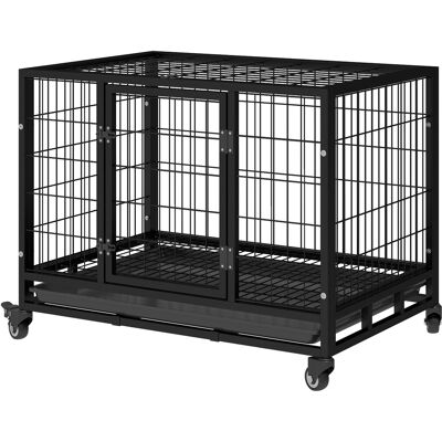 PawHut 36" Heavy Duty Dog Crate with Removable Tray, Lockable Wheels and Double Door, for Medium and Large Dogs, Black PawHut 36" Heavy Duty Dog Crate with Removable Tray, Lockable Wheels and Double Door, for Medium and Large Dogs, Black