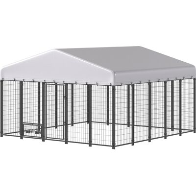 PawHut 9.8' x 9.8' x 6' Outdoor Dog Kennel, Dog Kennel Outside Run with 360° Rotating Bowls, Waterproof & UV Resistant Cover PawHut 9.8' x 9.8' x 6' Outdoor Dog Kennel, Dog Kennel Outside Run with 360° Rotating Bowls, Waterproof & UV Resistant Cover