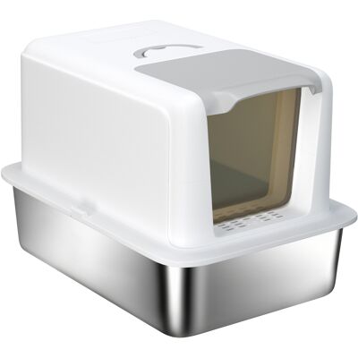 PawHut 2 in 1 Stainless Steel Cat Litter Box with Removable Lid, Scoop, Filter Bags, for Small to Large Cats, White PawHut 2 in 1 Stainless Steel Cat Litter Box with Removable Lid, Scoop, Filter Bags, for Small to Large Cats, White