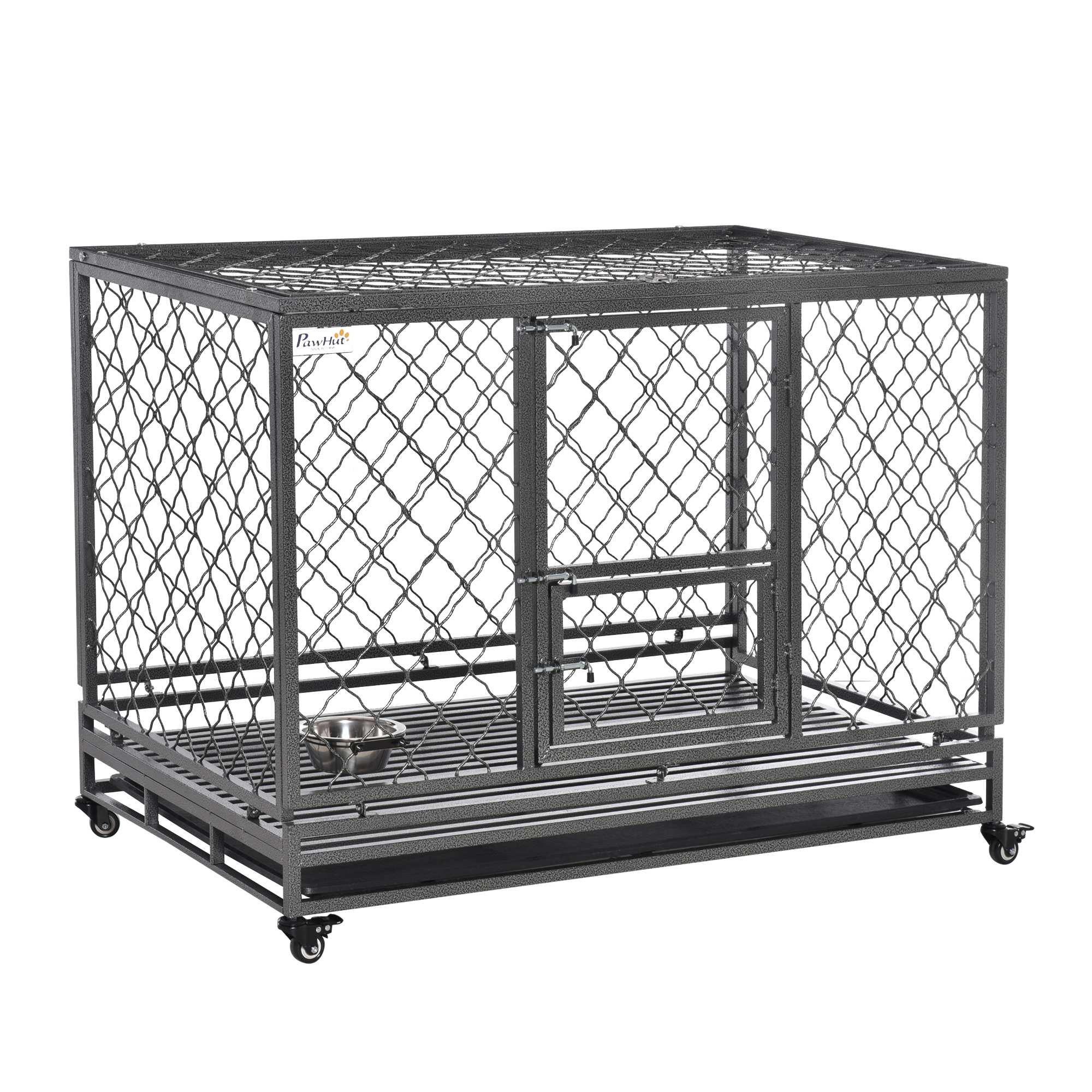PawHut 49.5" Heavy Duty Dog Cage, Metal Dog Kennel Crate, Dog Playpen with Lockable Wheels, Slide-out Tray, Food Bowl & Double Doors, Black