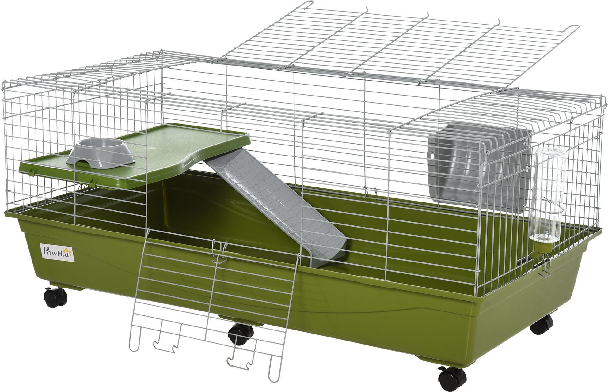 PawHut 47" Small Animal Cage, Chinchilla Guinea Pig Hutch, Ferret Pet House with Platform Ramp, Food Dish, Wheels & Water Bottle, Green