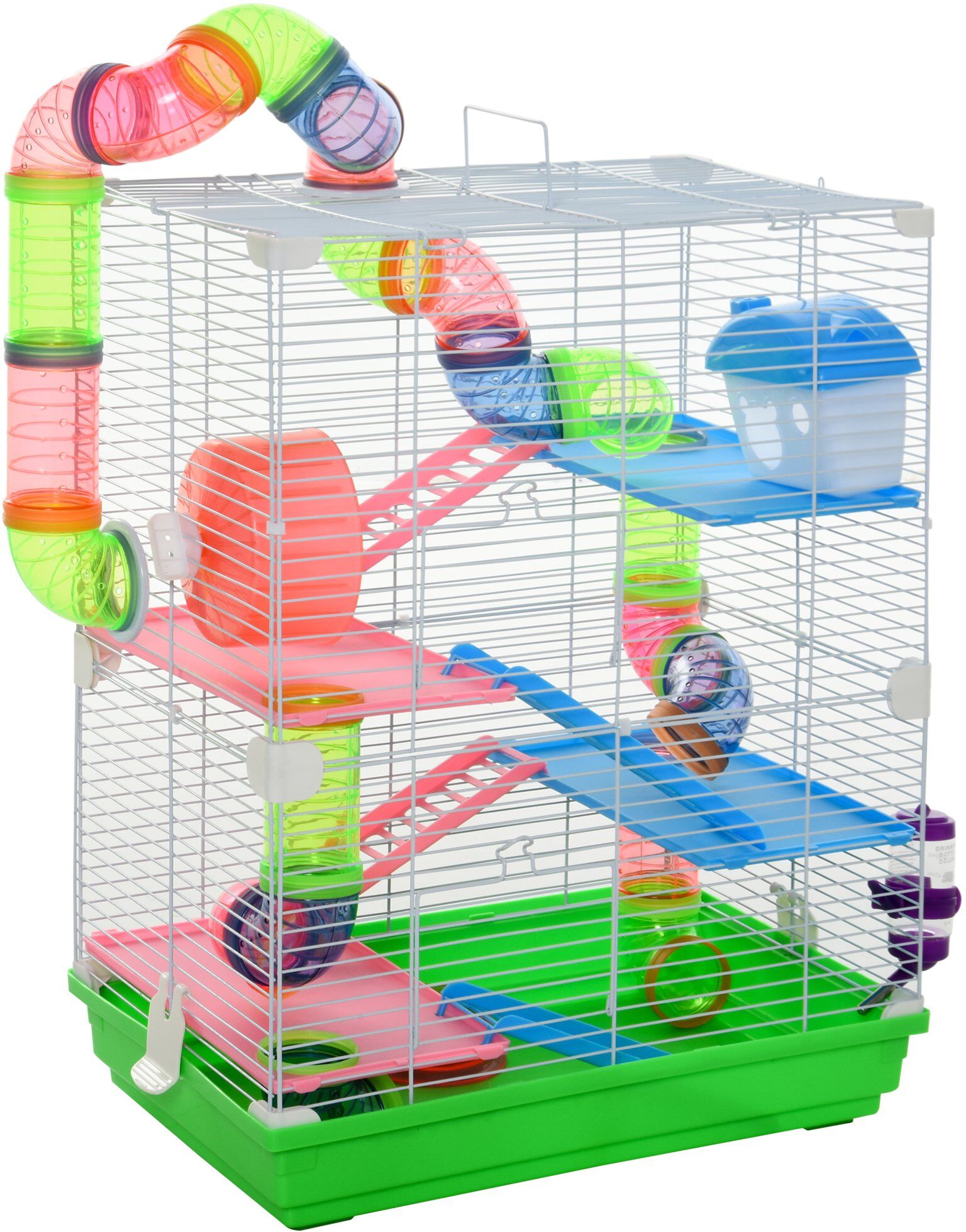 PawHut 18" 5 Tier Hamster Cage with Tubes and Tunnels, Small Animal Cage with Portable Carry Handle, Rat Gerbil Cage with Water Bottle, Food Dish