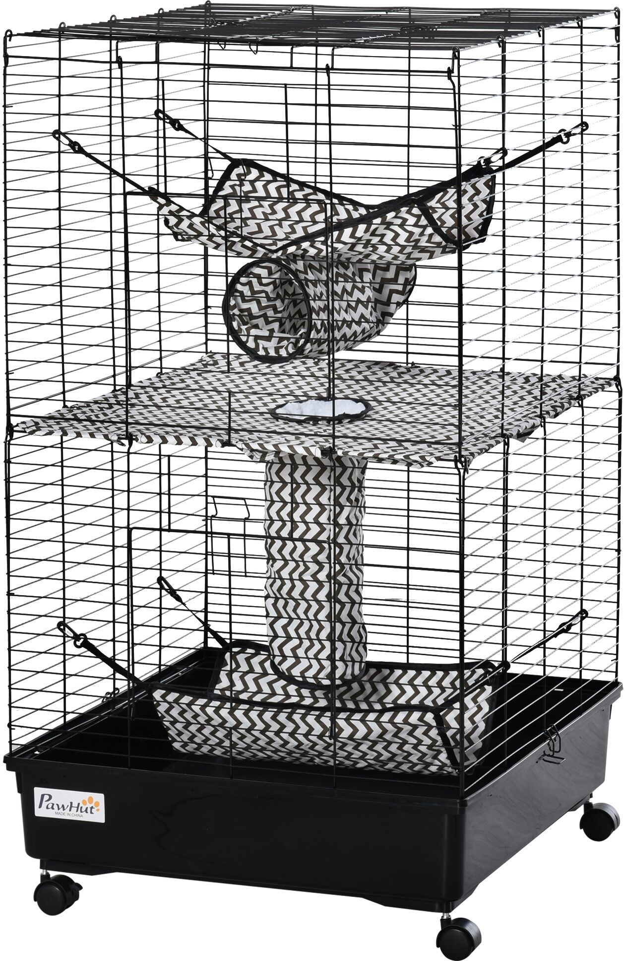 PawHut 42" Hamster Cage, Small Animal Cage Habitat for Ferret with Wheels, Hammocks, Tunnels and 3 Doors, Black