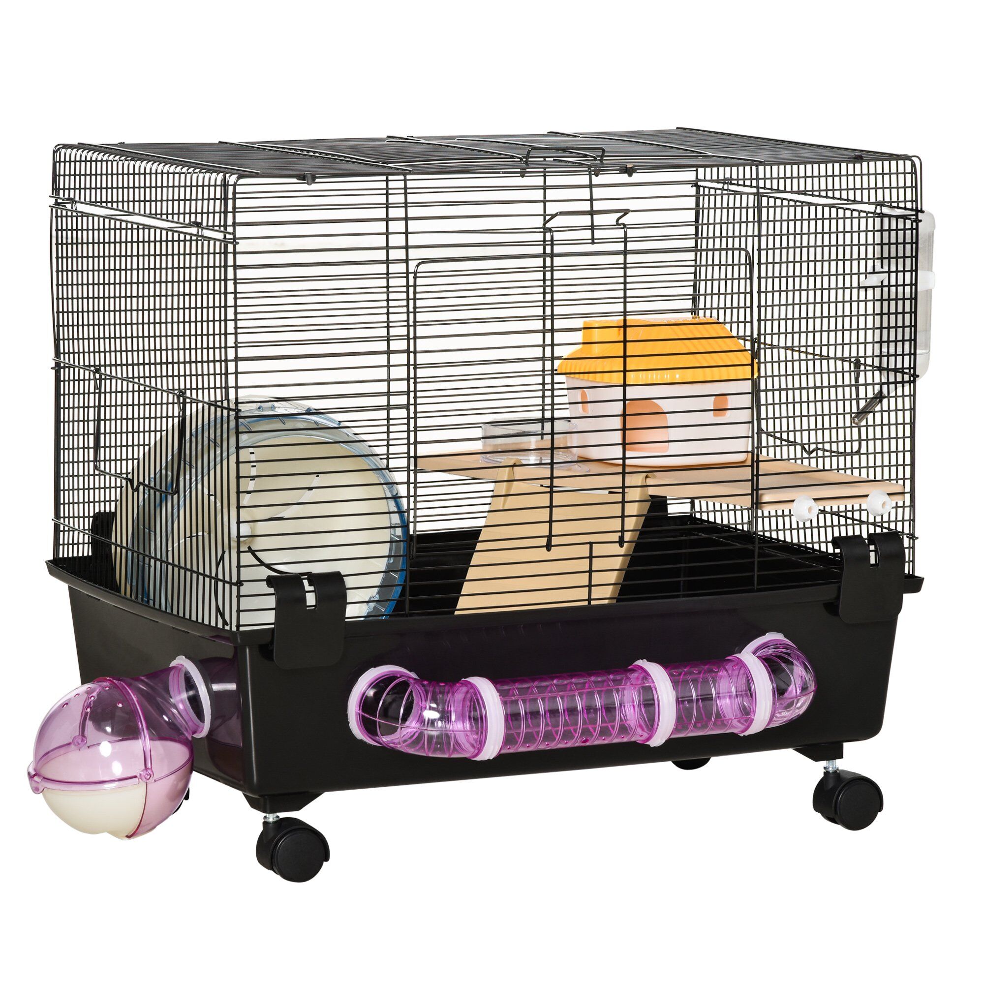 PawHut 2-Tier Hamster Cage, Small Animal Habitat with Exercise Wheel, Water Bottle, and Food Dishes, for Rats, Gerbils,