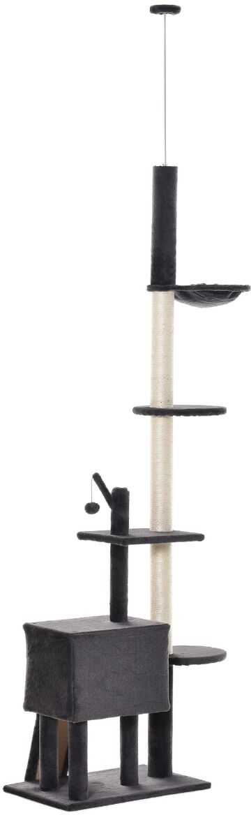 PawHut 110" Huge Cat Tree Floor-to-Ceiling Cat Climbing Toy with Scratching Post Board Hammock Hanging Ball Rest Pet Furniture Dark Grey