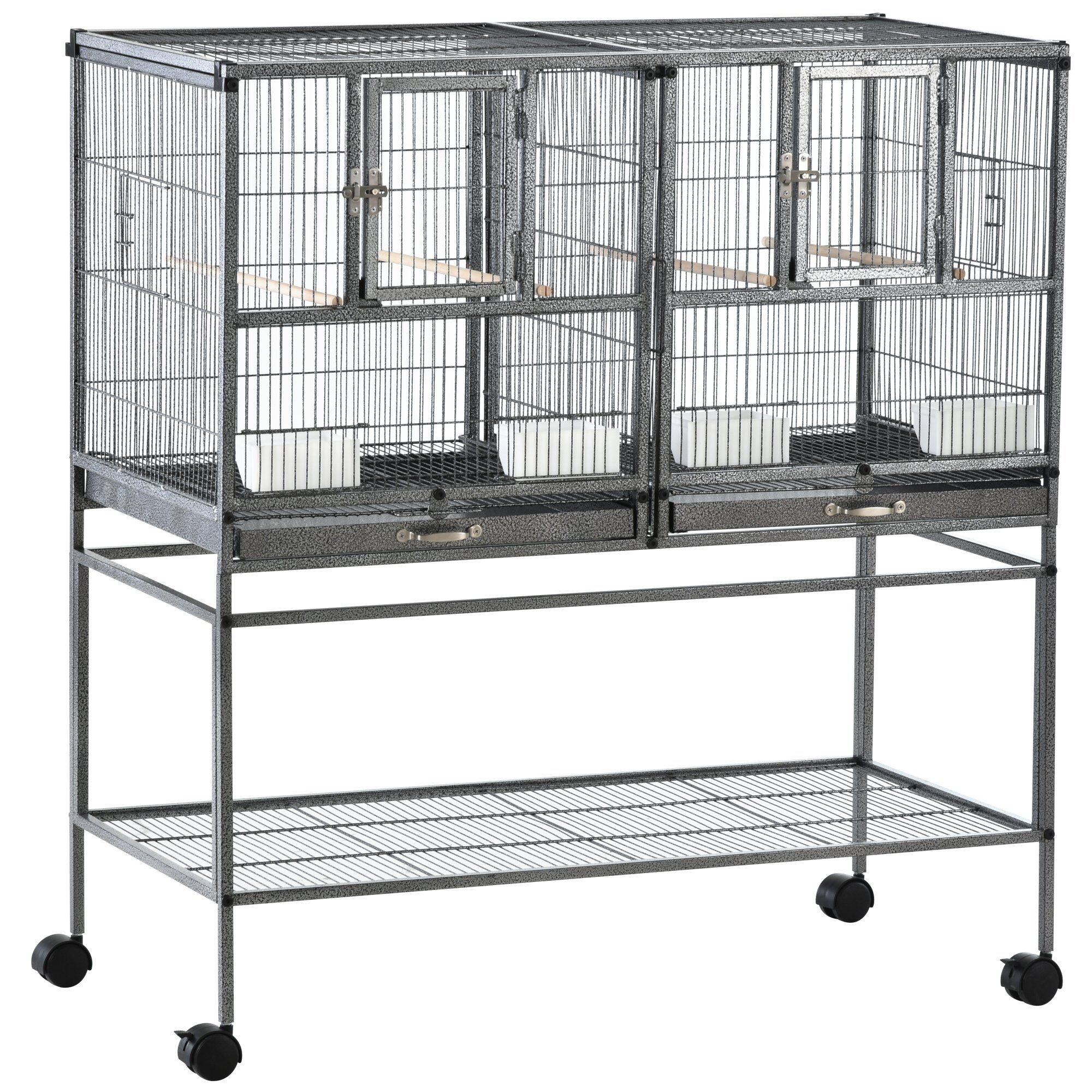 PawHut Double Rolling Metal Bird Cage Large 40.25" H with Storage Shelf Wood Perch Food Container Wheels Black Gray   Aosom.com