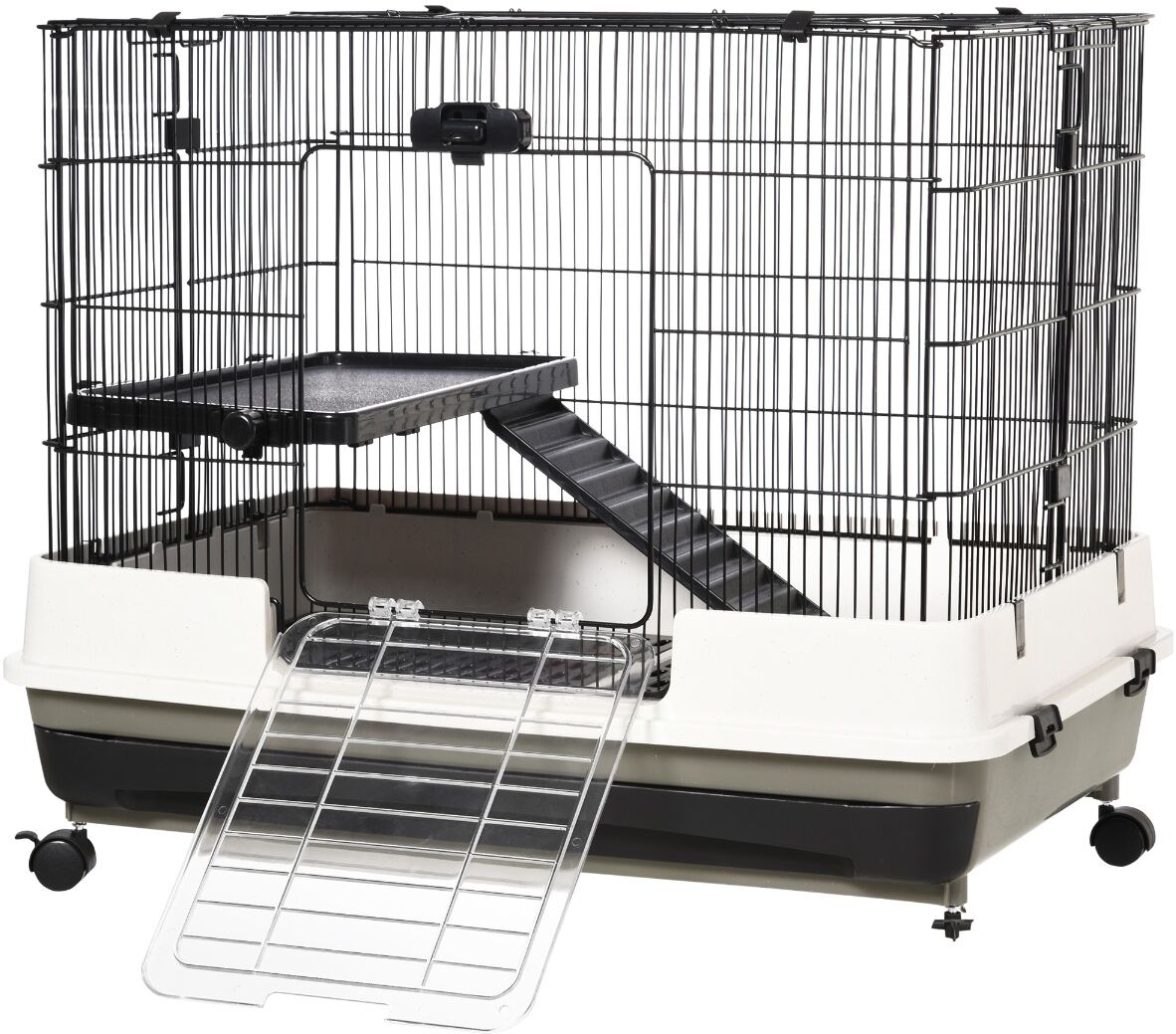 PawHut 2-Tier Black Small Animal Cage Rabbit Hutch with Wheels Removable Tray Platform Ramp for Bunny Chinchillas Ferret Hedgehog Gerbils   Aosom.com