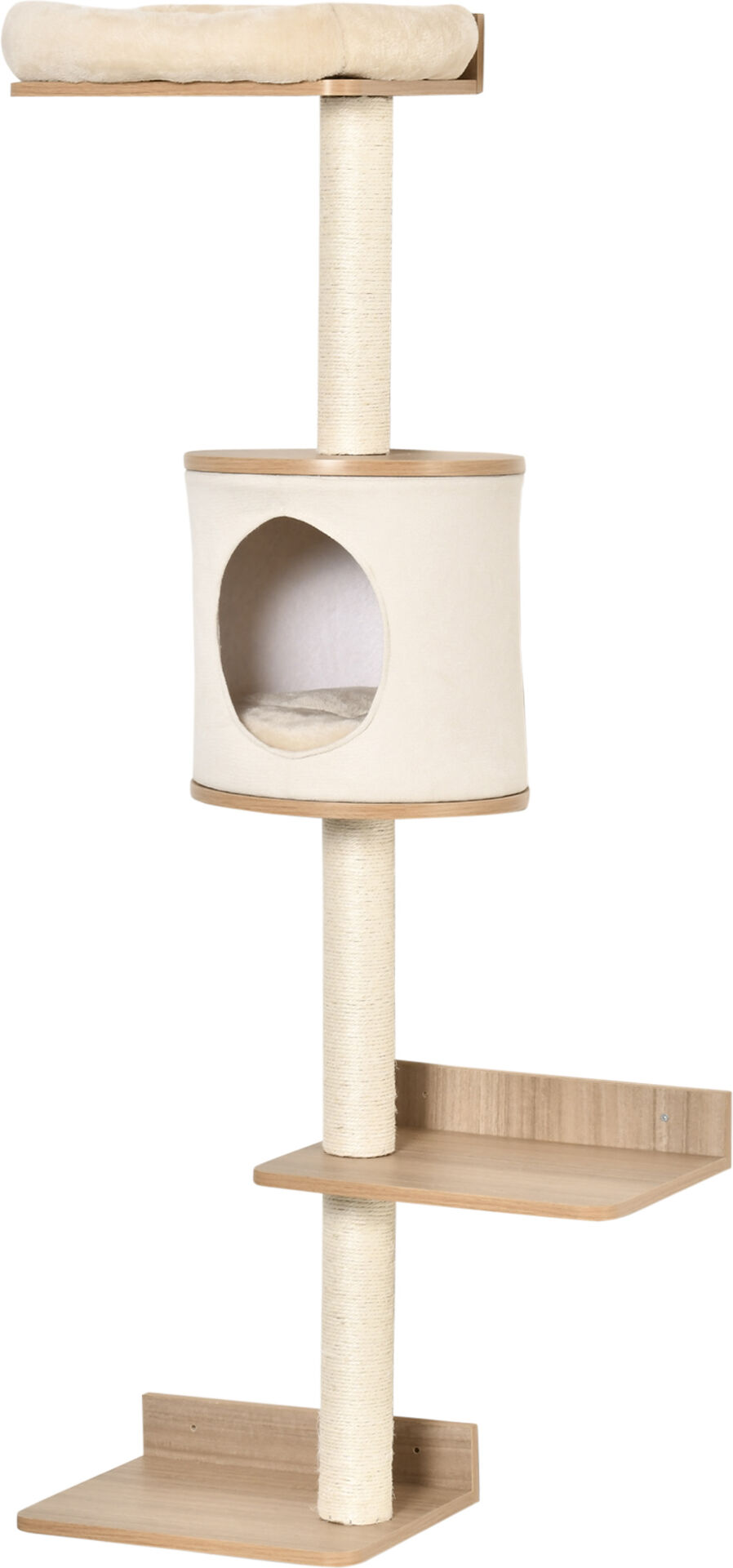 PawHut 4-Level Wall-Mounted Cat Tree Activity Tower, Wall Cat Shelves with Sisal Rope Scratching Posts, Cat Condo and Bed, Light Brown