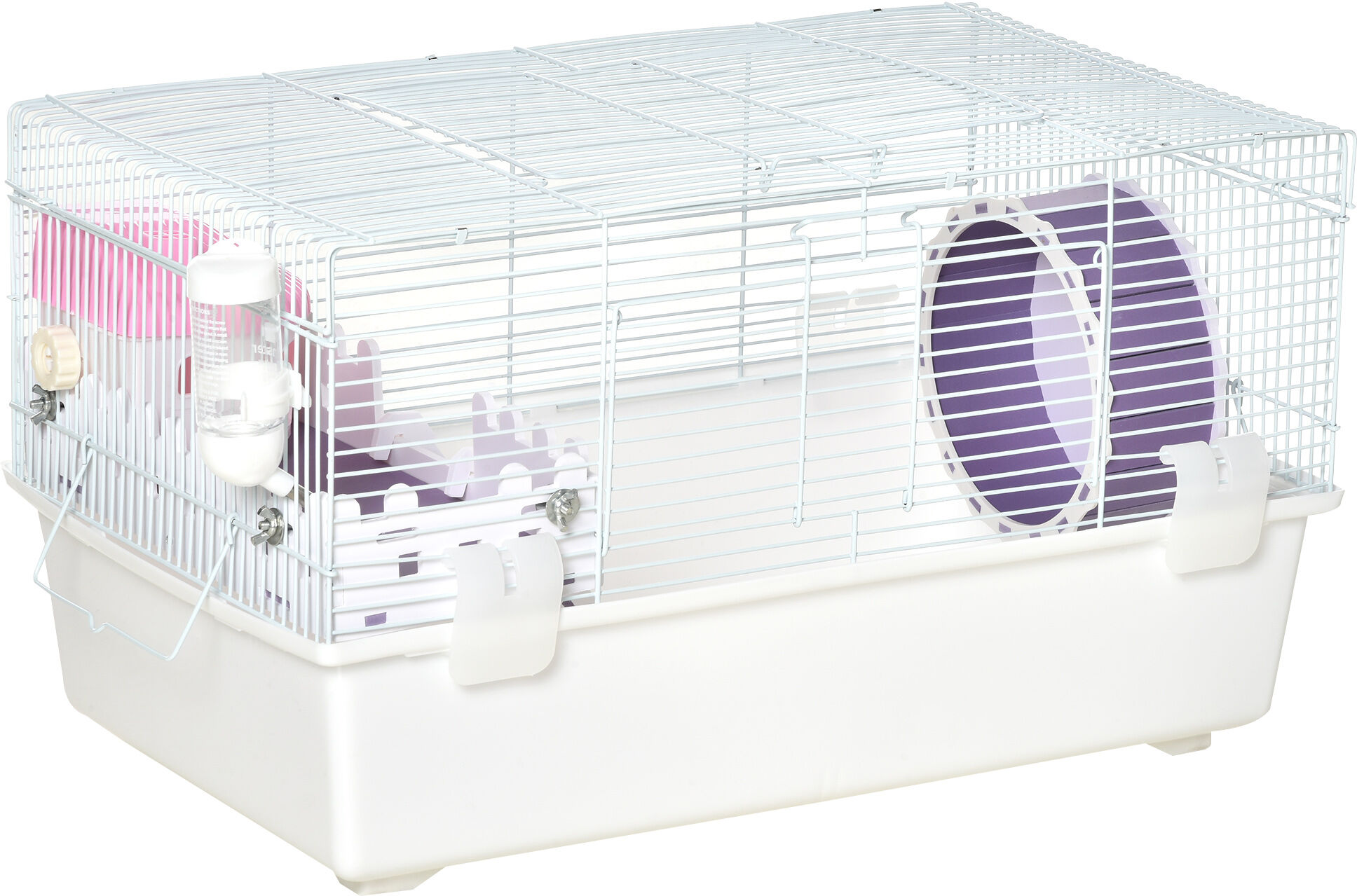 PawHut 2 Tier Hamster Cage, Multi-Storey Rodent House Small Animal Habitat with Water Bottle, Excise Wheel, Ladder, Hut, White