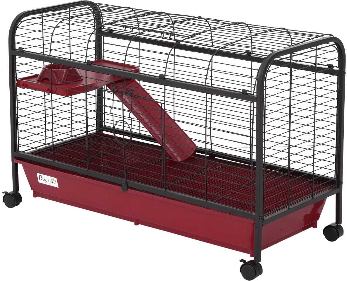 PawHut 41"L Small Animal Cage, Rabbit Guinea Pig Hutch, Ferret Pet Play House with Feeder, Rolling Wheels, Platform & Ramp, Red/Black