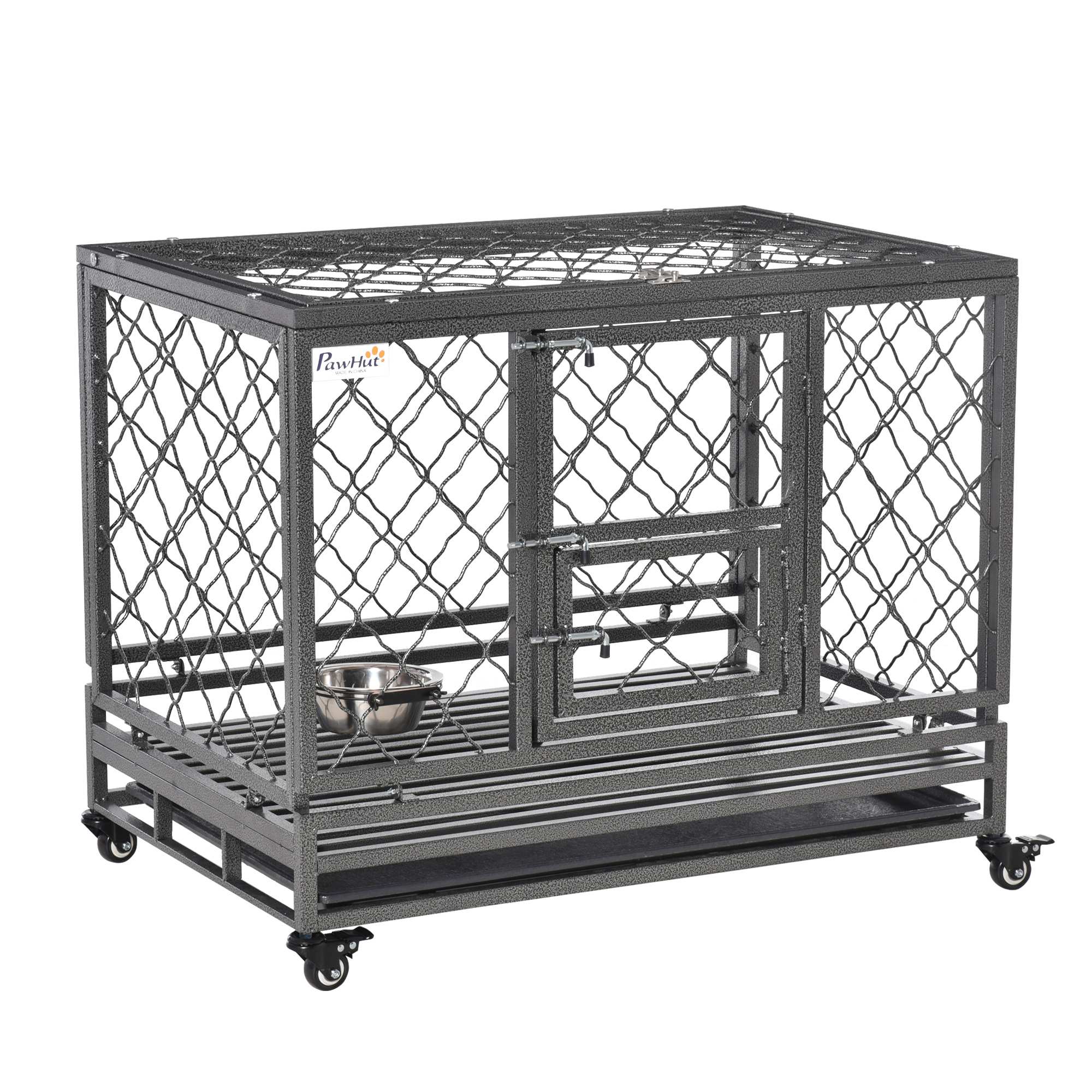 PawHut 365 Heavy Duty Dog Cage Metal Kennel with Wheels Tray and Food Bowl Black   Aosom.com