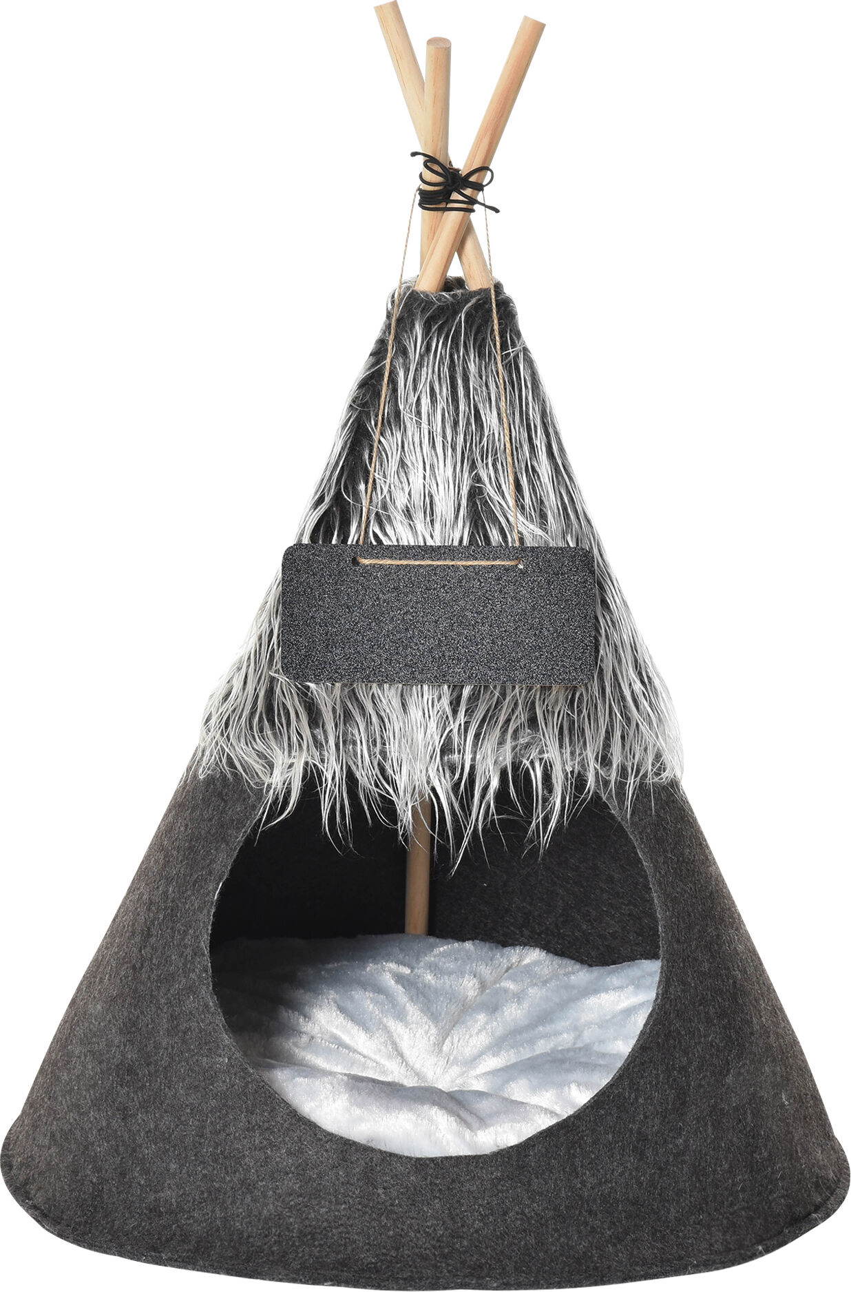 PawHut Pet Teepee Tent Cat Bed Dog House with Thick Cushion Chalkboard for Kitten and Puppy up to 13lbs 28inch Grey