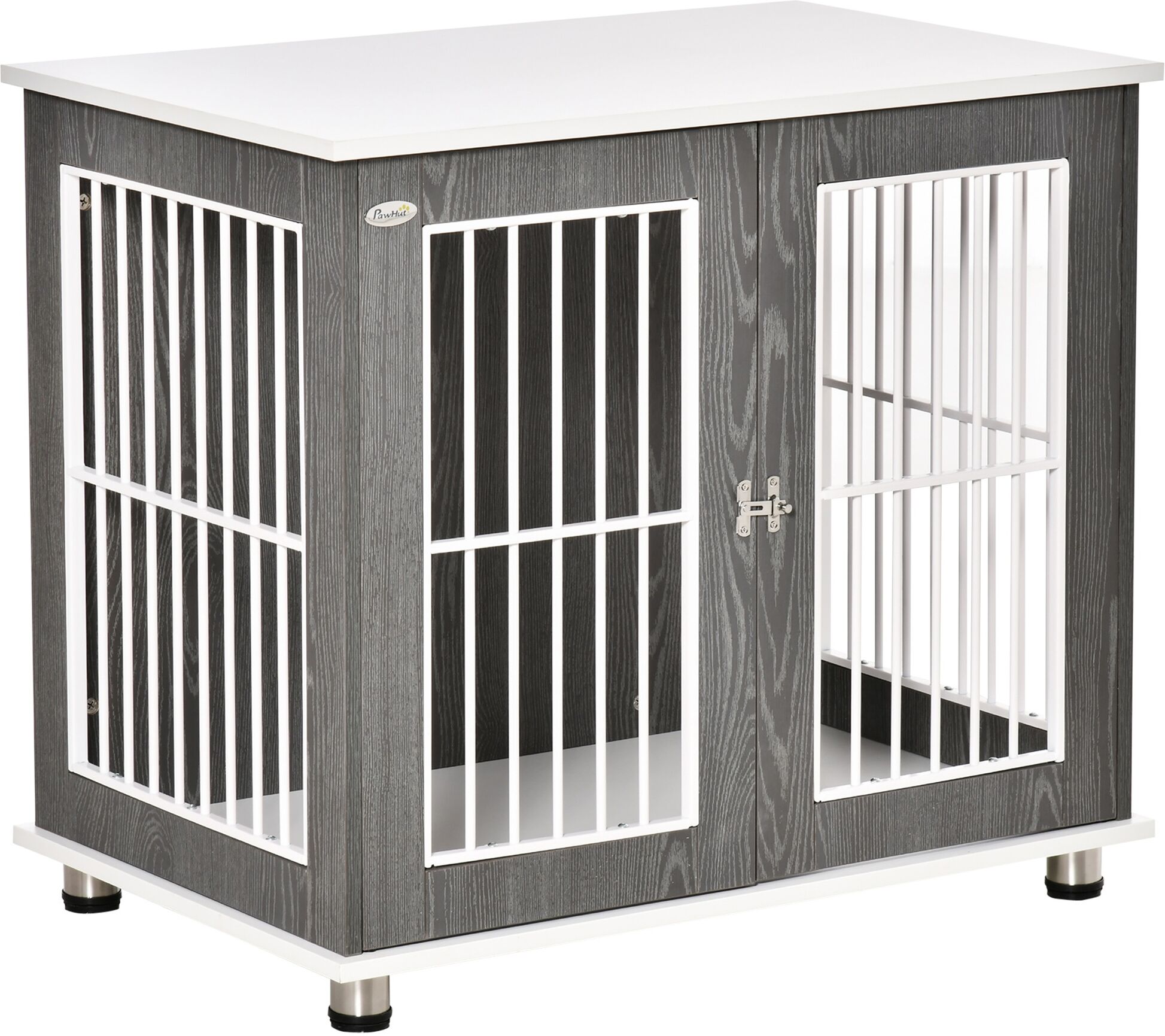 PawHut 34" Wooden Dog Cage, Modern Wire Dog Crate, Pet Kennel with Door, Lock & Adjustable Foot Pads, for Small and Medium Dogs, Gray/White