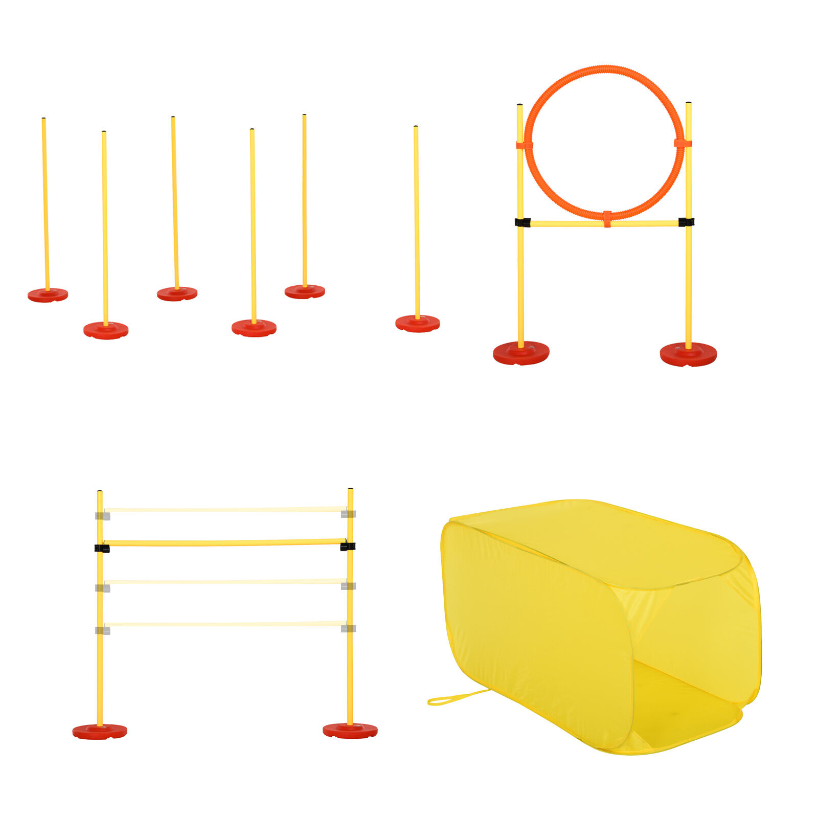 PawHut 4-Piece Dog Agility Training Set Portable Equipment with Weave Pole Jumping Ring High Jump Tunnel Yellow   Aosom.com