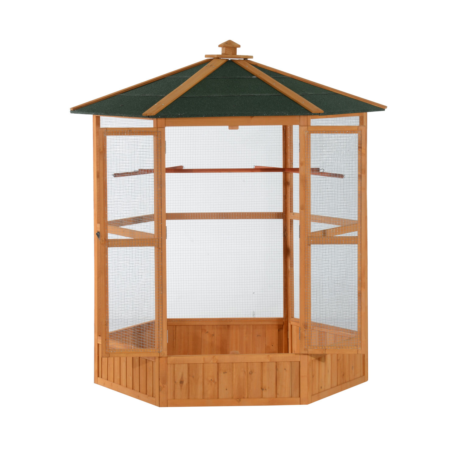 PawHut 65" Large Wooden Hexagonal Outdoor Aviary Flight Bird Cage with Covered Roof  2 Extra-Large Doors  & Roomy Design