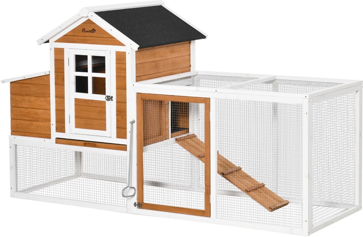 PawHut 76" Wooden Chicken Coop, Outdoor Hen House Poultry Cage with Glass Slide-Out Tray & Separate Nesting Box, White