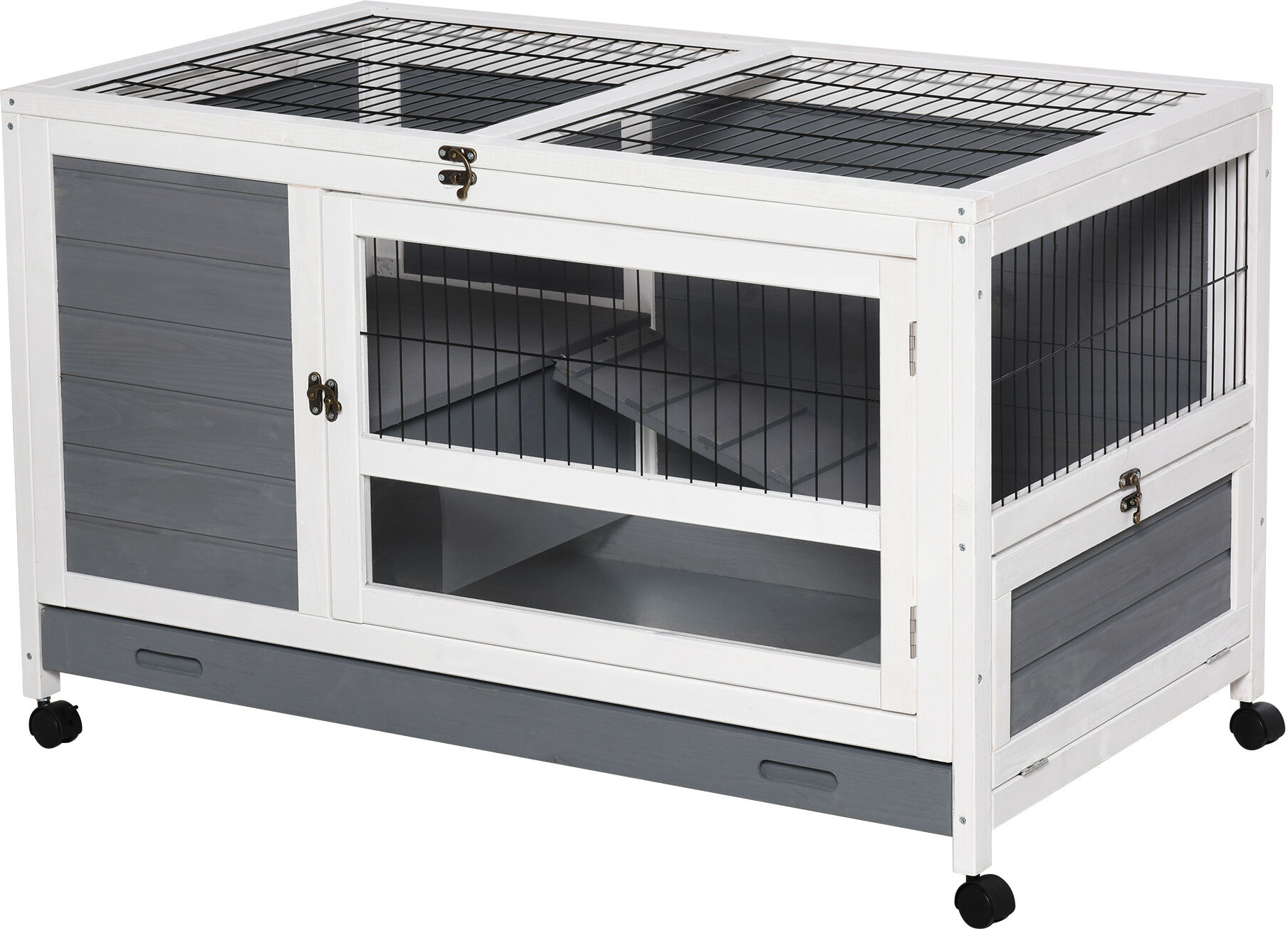 PawHut Wooden Rabbit Hutch Small Animal Cages, Fir Wood Elevated Pet Bunny House with Slide-out Tray Lockable Door, 40.25"L x 23.5"W x 25"H, Gray