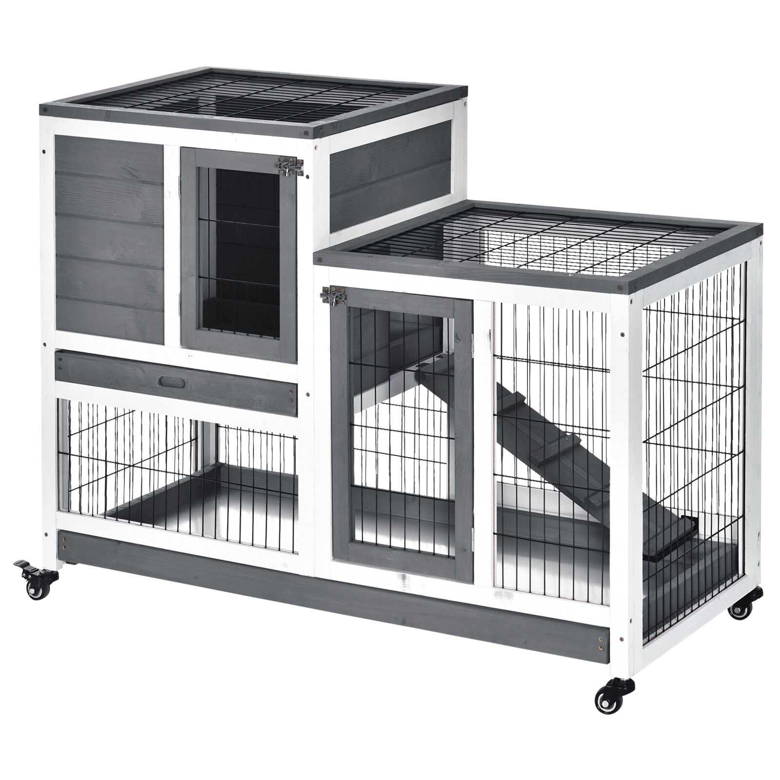 PawHut Bunny Hutch Indoor, Elevated Cage Indoor Rabbit Hutch, with Wheels Ramp Removable Tray, for Guinea Pigs Gray   Aosom.com
