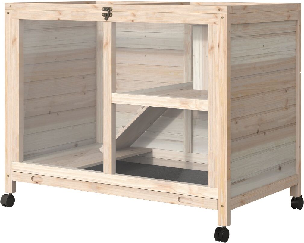 PawHut Wooden Rabbit House Hutch Indoor with Weels, Lockable Doors, Run Area, Ramp, Bunny Cage, Guinea Pig House, Hamster House Cage, Natural