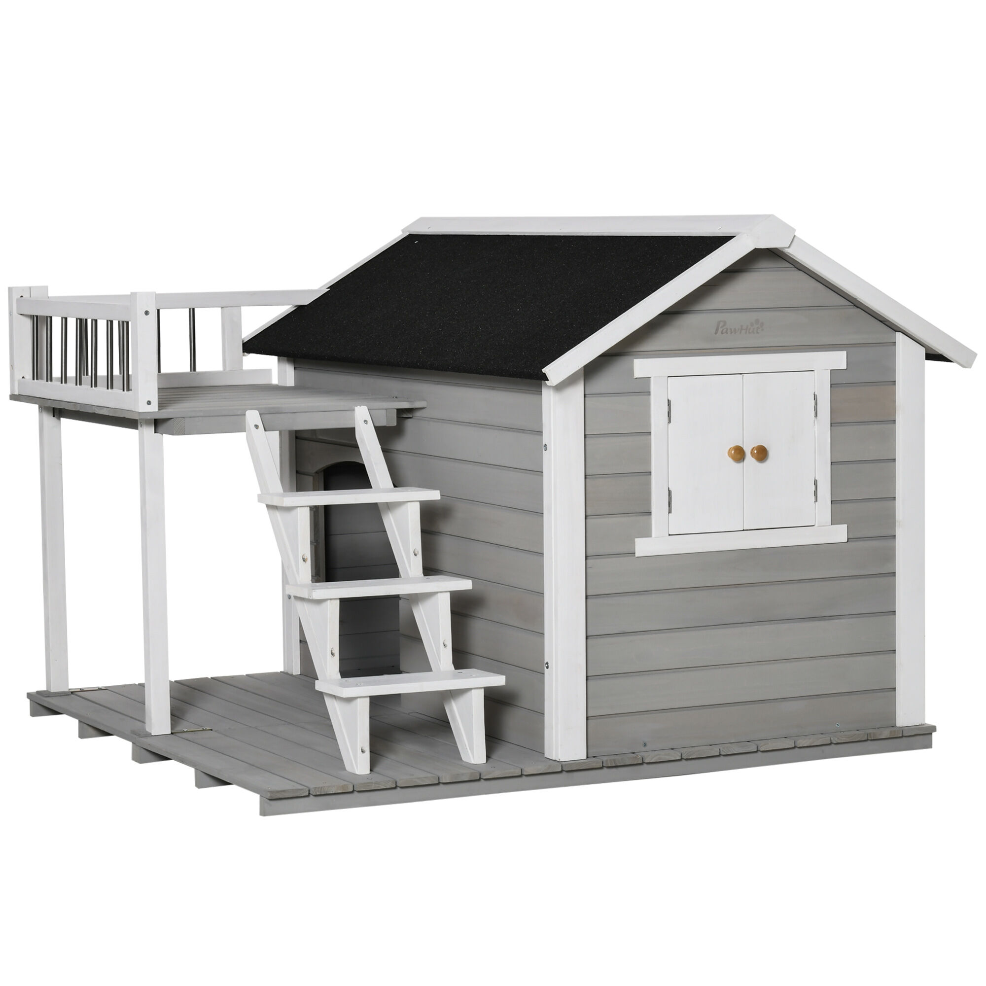 PawHut Wooden Outdoor Dog House 2-Tier Raised Pet Shelter with Stairs Weather Resistant Roof Balcony for Medium Large Dogs Up To 55 lbs   Aosom.com