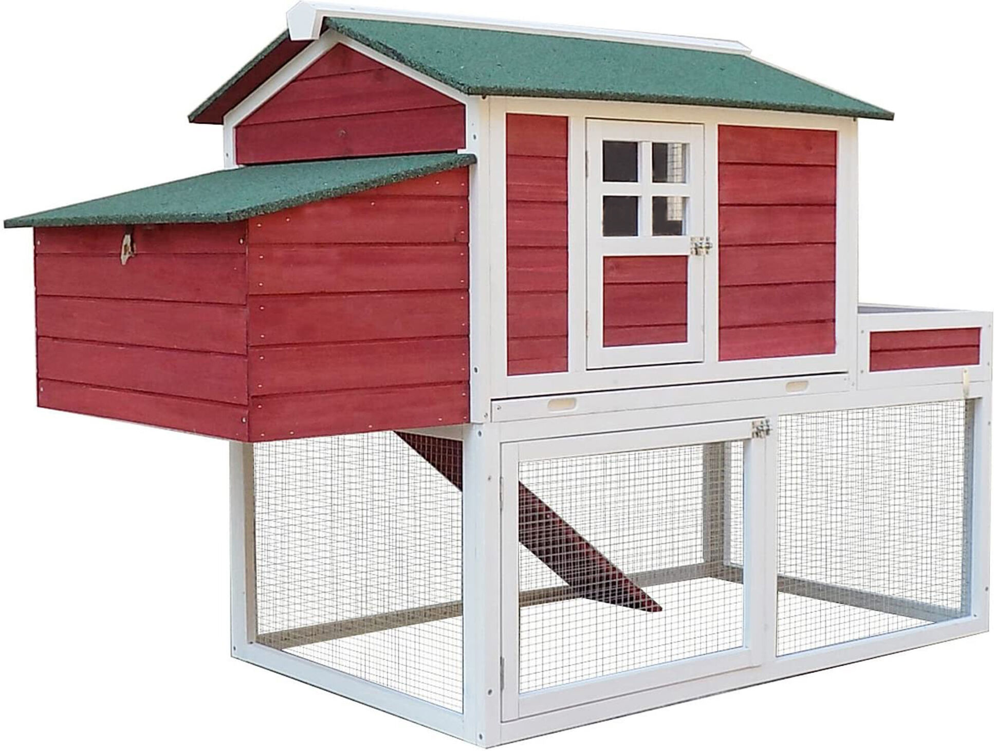 PawHut 63" Wooden Chicken Coop Hen House Poultry Cage for Outdoor Backyard with Raised Garden Bed, Run Area, Nesting Box and Removable Tray, Red