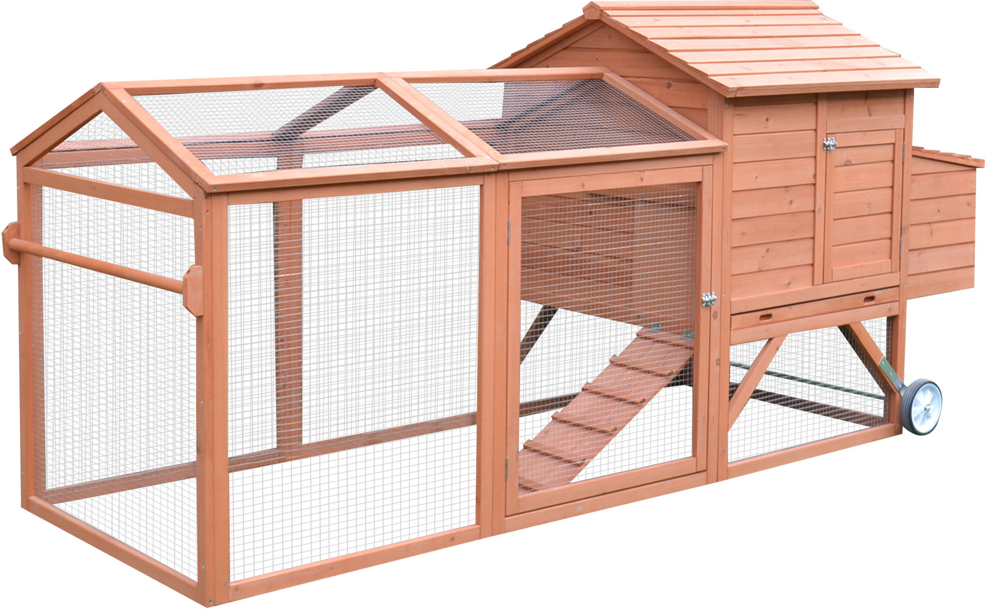 PawHut Large Chicken Coop 96.5" - Portable with Wheels, Runs, Nesting Box, Wooden Rabbit Hutch, Ideal for Backyard, Natural Finish   Aosom.com