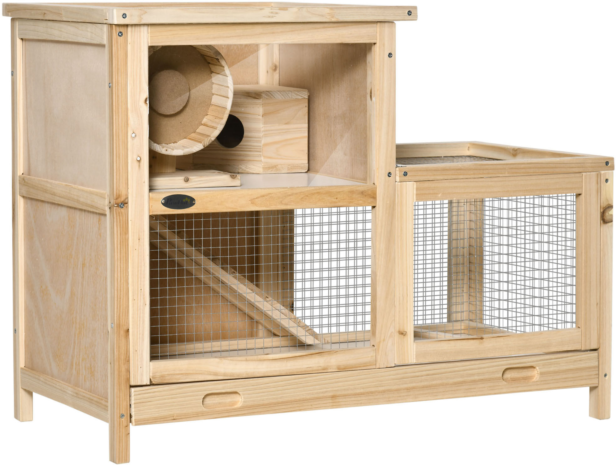 PawHut 2-Tier Wooden Hamster Cage with Sliding Tray, Ladder, Running Wheel, Natural Wood   Aosom.com Small Pet Homes