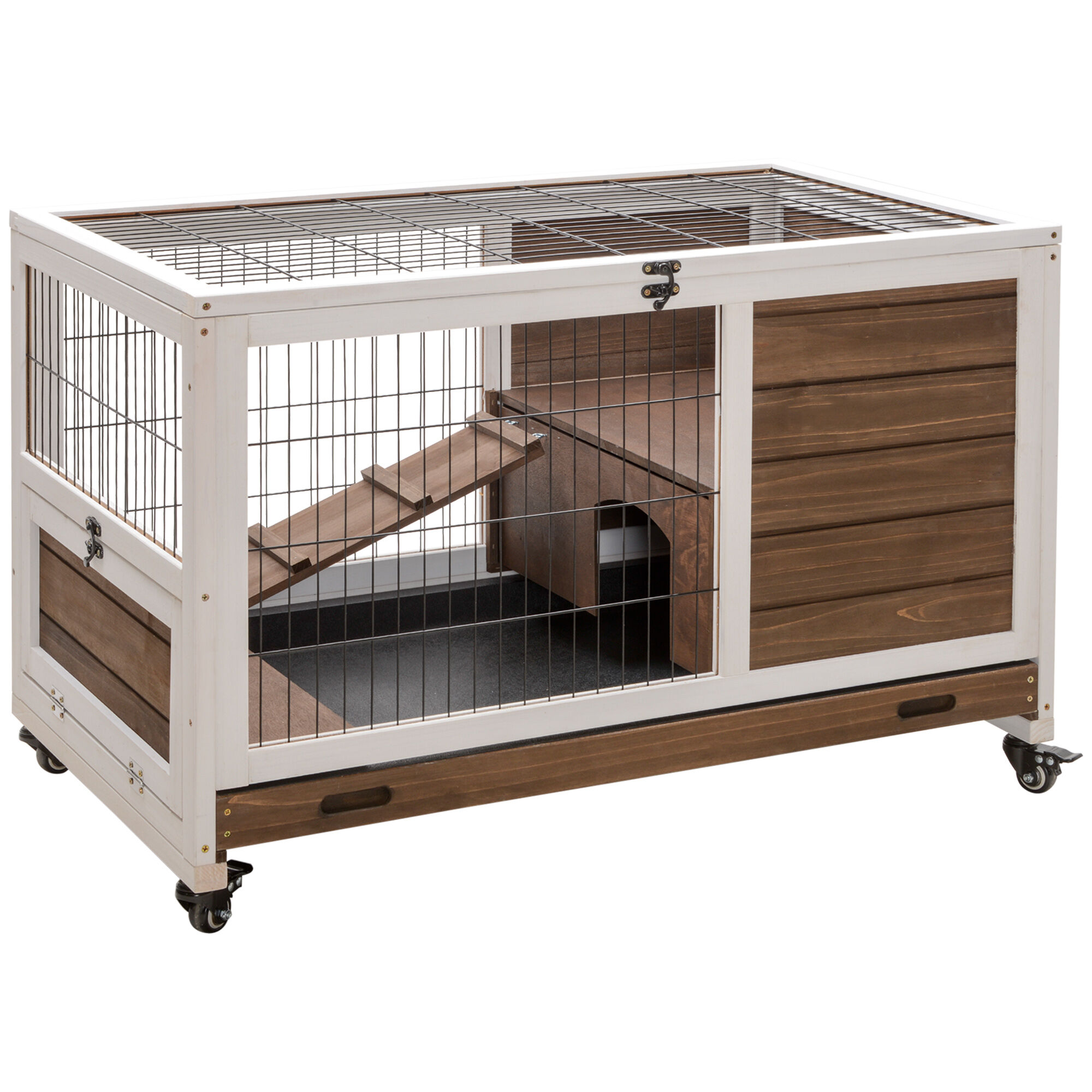 PawHut Indoor Bunny Cage on Wheels Rabbit Hutch Small Animal House with Pull Out Tray Ramp Brown   Aosom.com