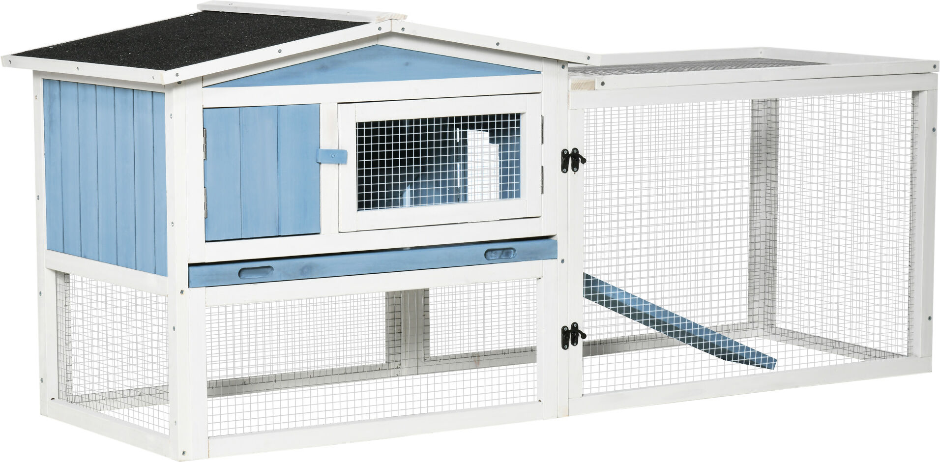 PawHut 2 Levels Bunny Hutch Outdoor Rabbit Pen w Slide Out Tray Detachable Run Small Animal House Light Blue   Aosom.com