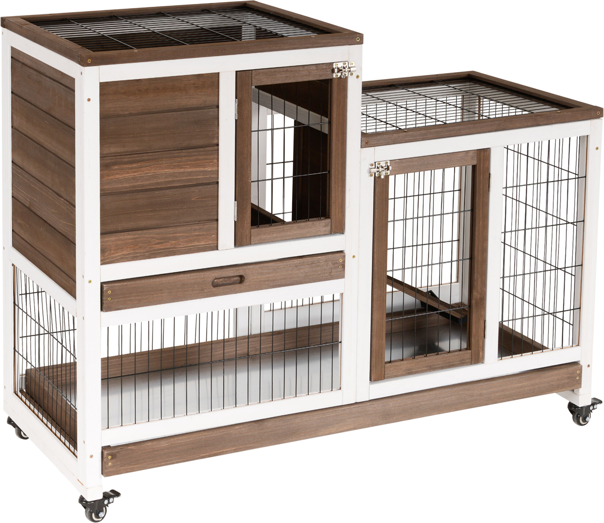 PawHut Bunny Hutch Indoor, Indoor Bunny Cage Elevated Rabbit Hutch, with Wheels Ramp Removable Tray, for Guinea Pigs Brown   Aosom.com