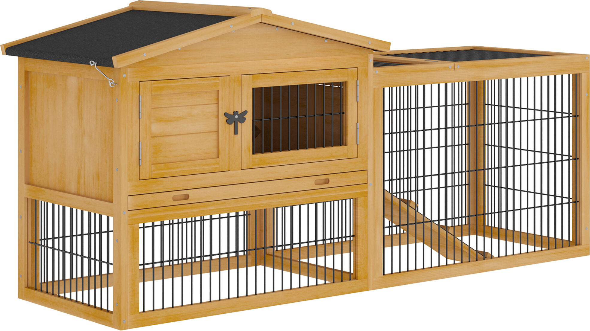 PawHut 2 Levels Wooden Rabbit Hutch, Bunny Hutch House Guinea Pig Cage with Run Space, Removable Tray, Ramp & Waterproof Roof for Outdoor, Yellow