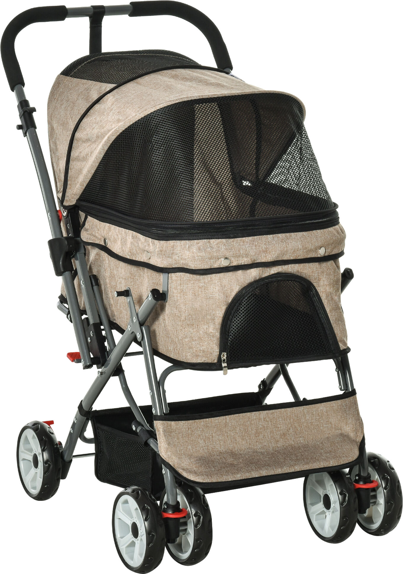 PawHut Travel Pet Stroller One-Click Fold Jogger Pushchair with Swivel Wheels, Brakes, Basket Storage, Safety Belts, Canopy, Brown