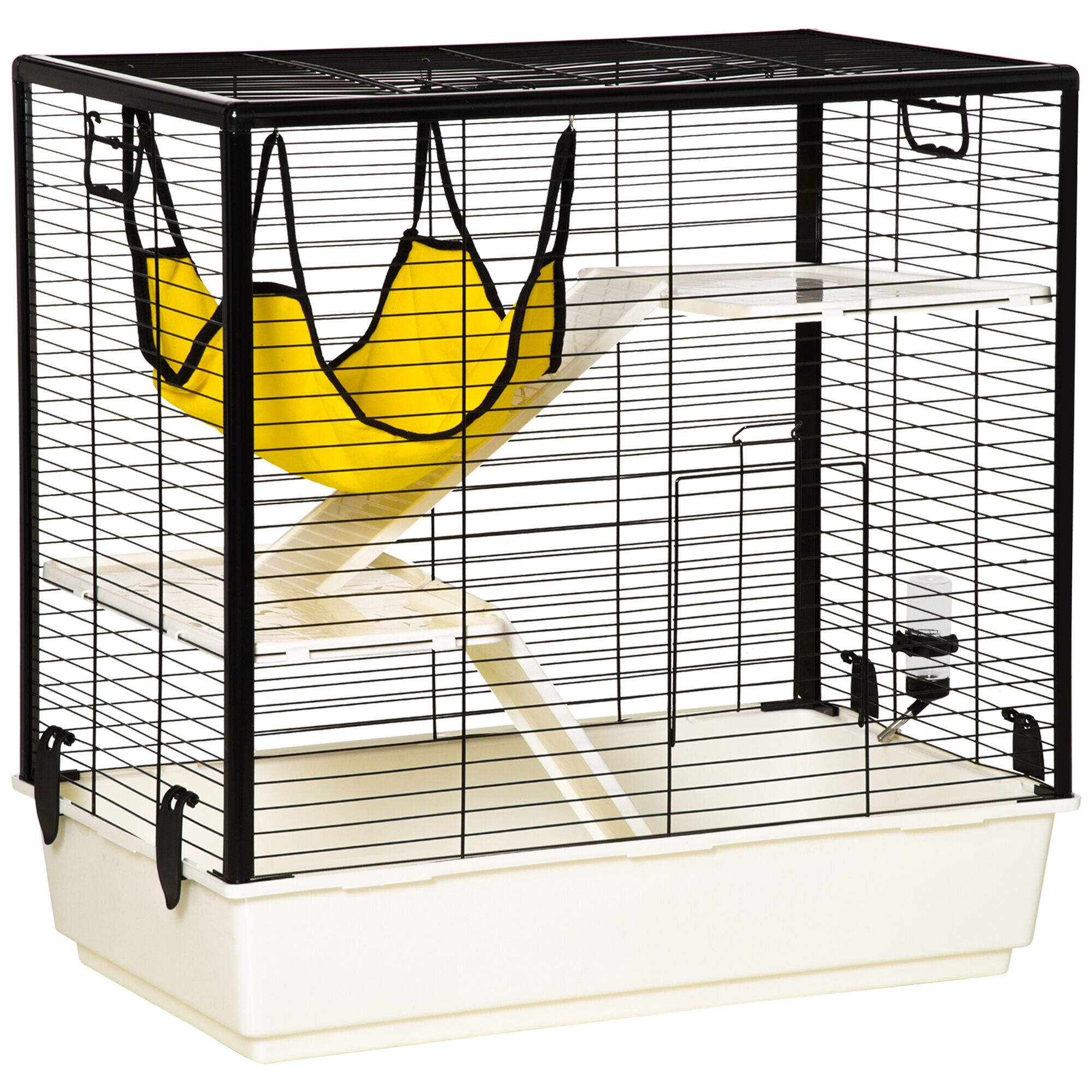 PawHut Small Animal Cage Habitat, Indoor Pet Play House for Guinea Pigs Ferrets, With Hammock Water Bottle Balcony Ramp Food Dish, 31.5"x19", Yellow
