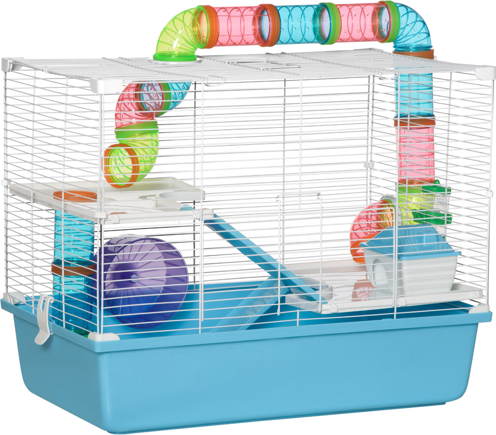 PawHut Spacious 3-Level Hamster Cage Steel Rat Habitat with Tube Tunnels Exercise Wheel Water Bottle Food Dish Ramps Light Blue   Aosom.com