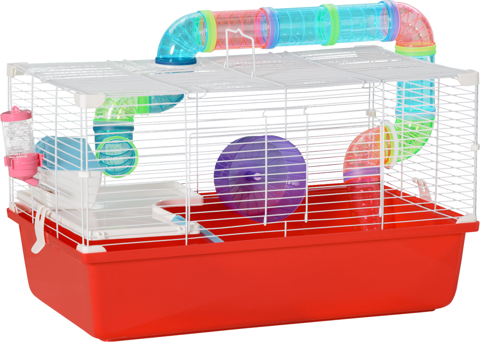 PawHut Large Hamster Cage and Habitat, 2-Level Steel Rat Cage with Tube Tunnels, Exercise Wheel, Water Bottle, Food Dish, 23" x 14" x 14", Red