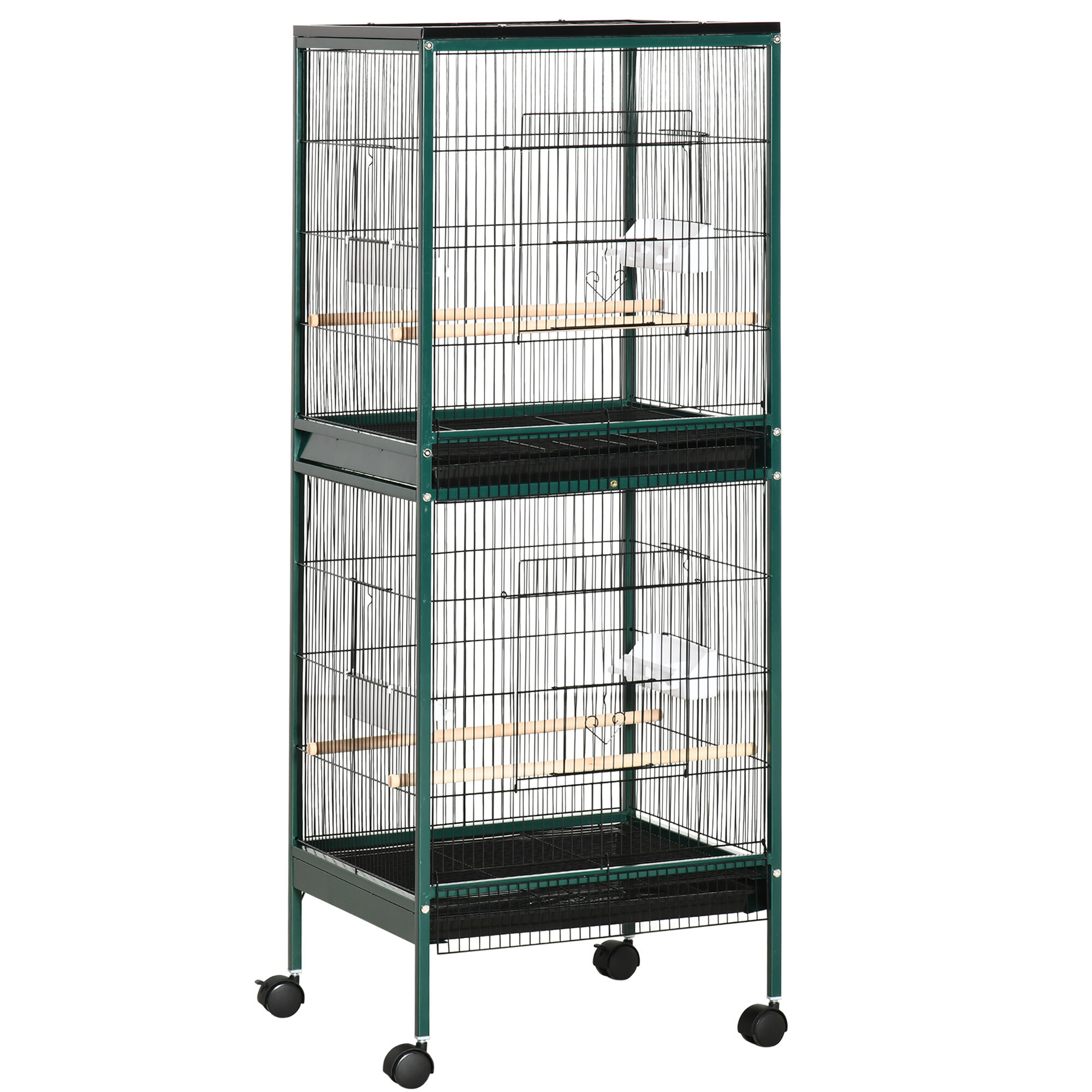 PawHut 55" 2 In 1 Large Bird Cage Parakeet House for Finches Budgies with Wheels Slide-out Trays Wood Perch Food Containers Green   Aosom.com