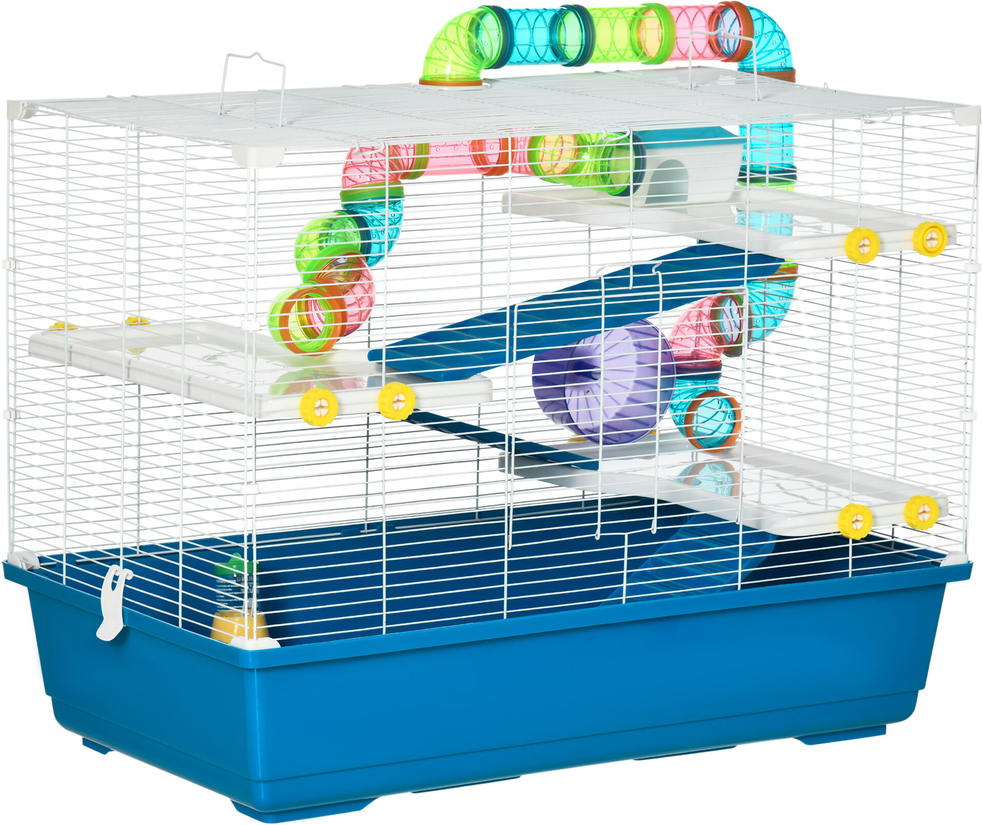 PawHut 4-Tier Best Hamster Cage, Portable Carry Handles, Anti-Pinning, Includes Exercise Wheel, Water Bottle, Food Dish, Tubes,a Blue   Aosom.com