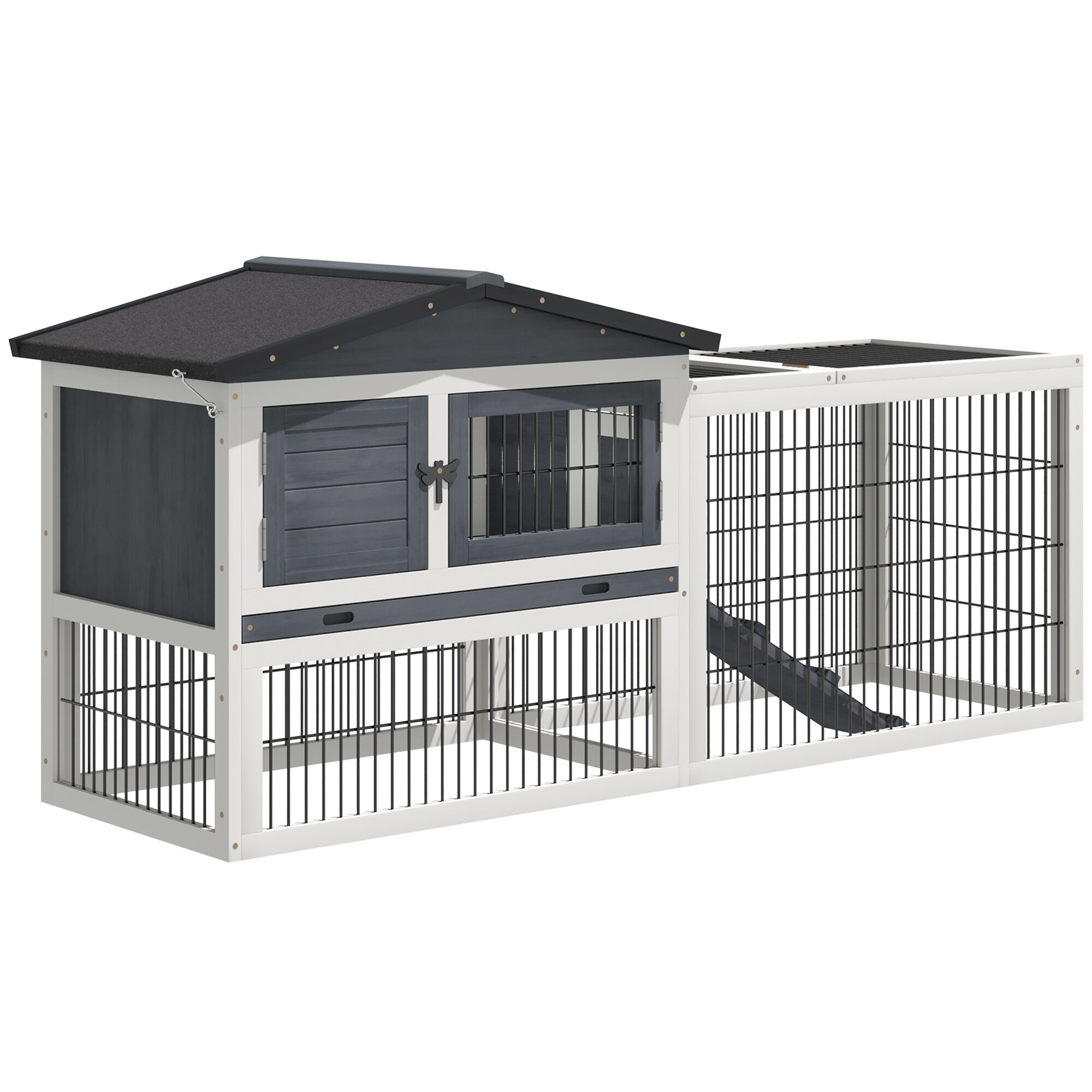 PawHut 2 Levels Wooden Rabbit Hutch with Run Space Waterproof Roof Gray   Aosom.com
