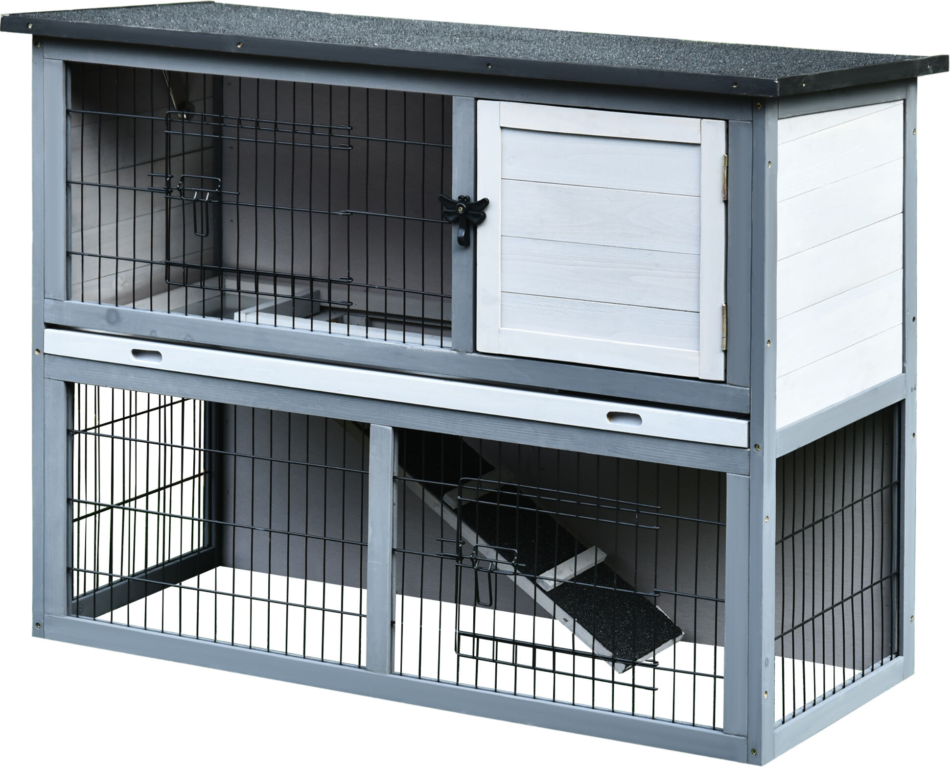 PawHut 43" L Wooden Rabbit Hutch Bunny Cage Small Animal House Enclosure with Ramp, Removable Tray and Weatherproof Roof for Outdoor, Gray